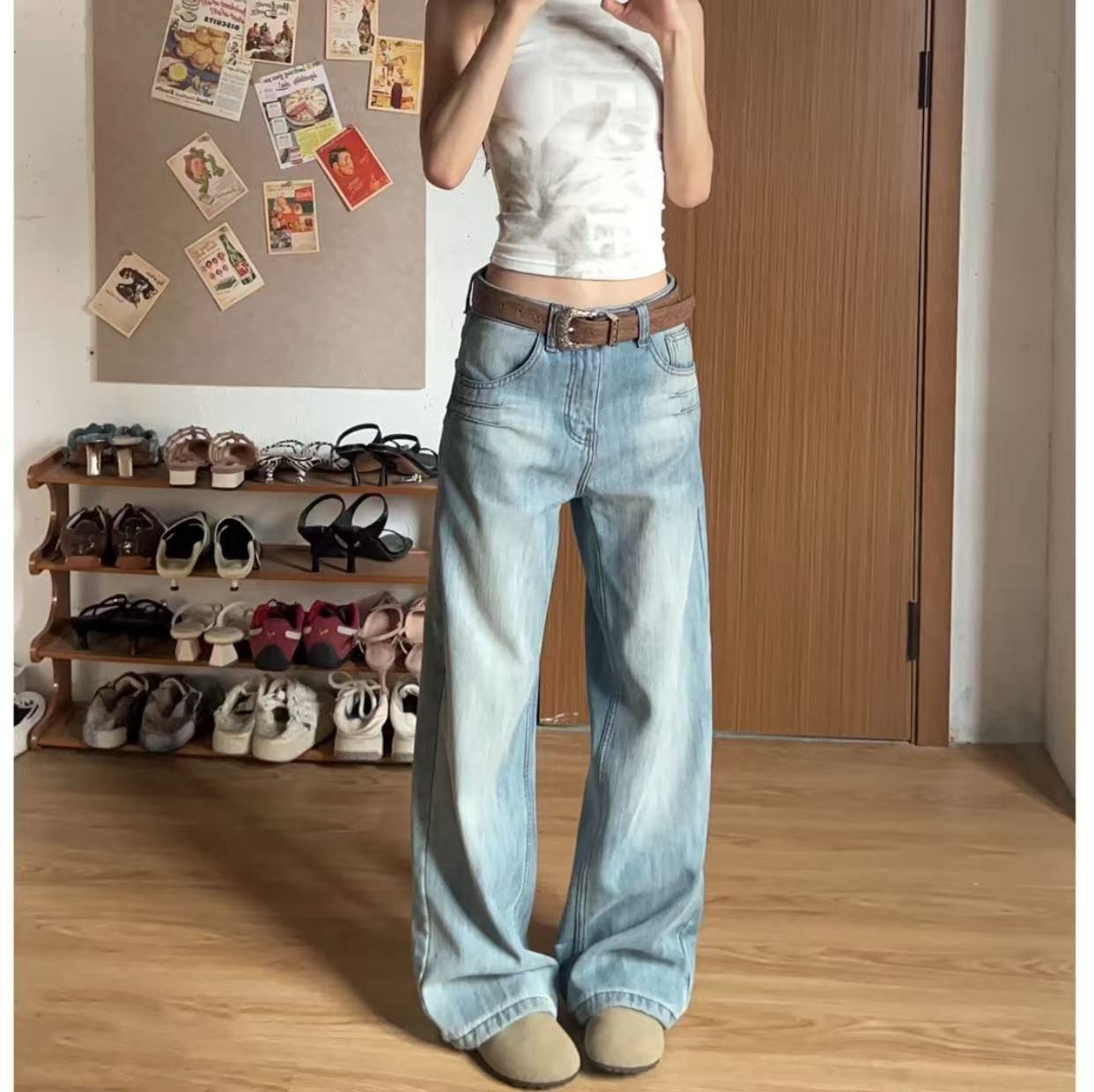 水洗磨白浅蓝牛仔裤女春秋新款美式复古高腰宽松显瘦直筒阔腿裤子