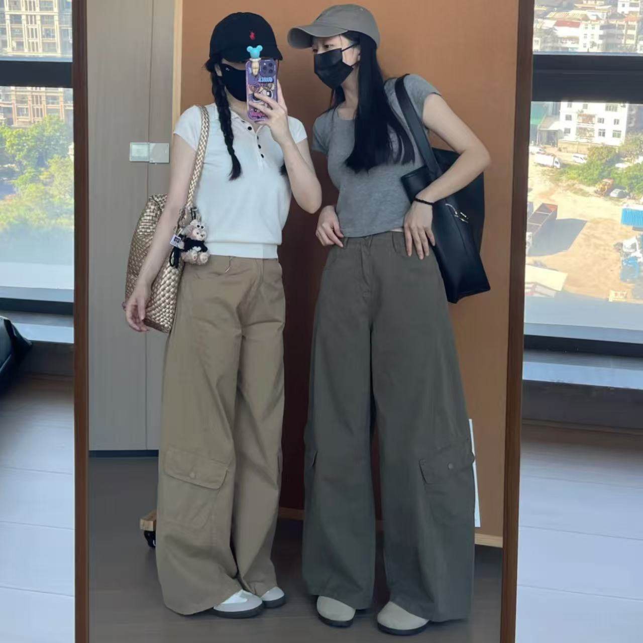 卡其色军绿色工装裤女新款阔腿裤