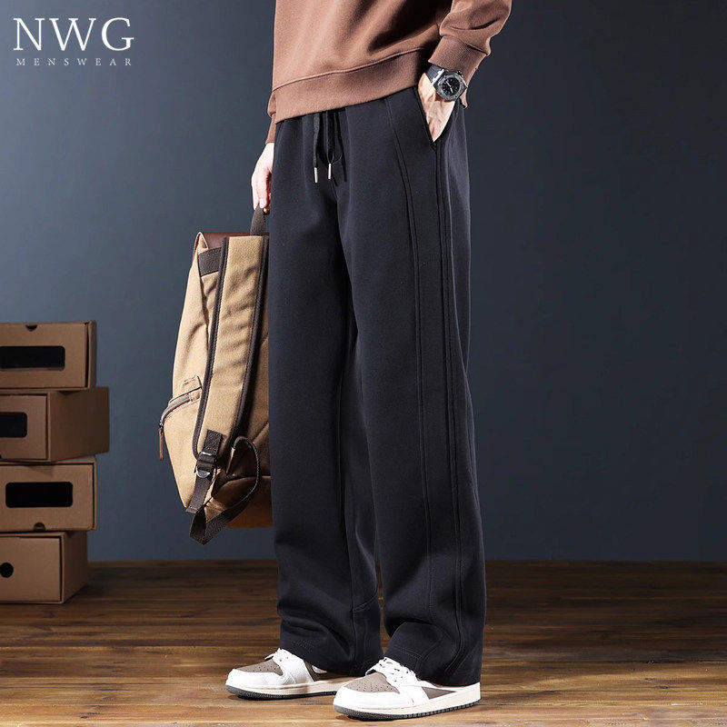 卫裤男潮牌秋冬款加绒加厚垂感宽松直筒拼接运动裤子保暖休闲长裤