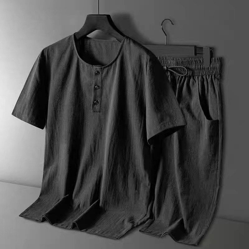 潮牌亚麻套装男夏季透气棉麻休闲宽松短袖体恤短裤大码运动两件套