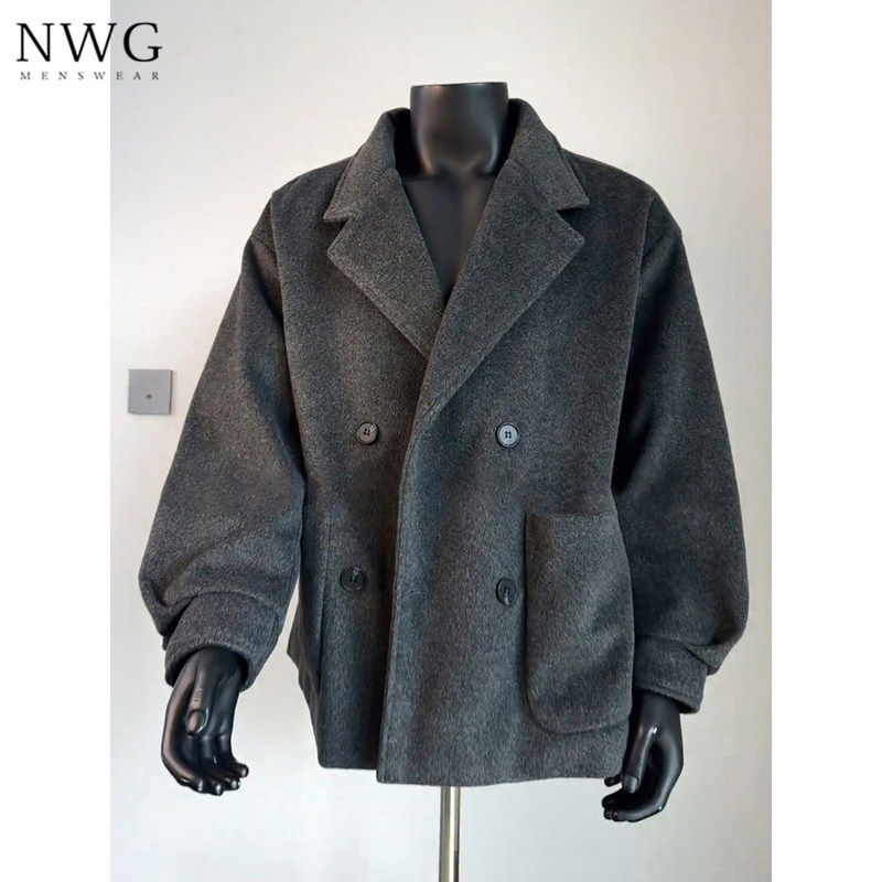 短款毛呢大衣男秋冬季新款加厚英伦高级感双排扣风衣休闲呢子外套