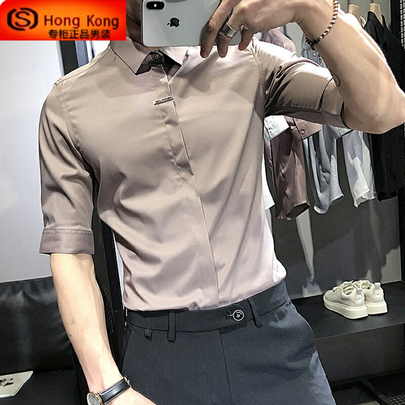 夏季男士短袖衬衫2026新款高级感休闲冰丝高档五分中袖七分袖衬衣