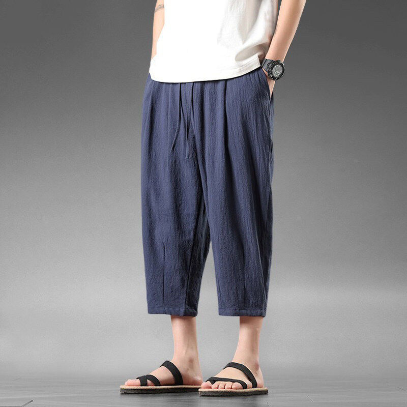原棉部落 棉麻七分裤男夏季款亚麻休闲短裤男士大码宽松阔腿裤