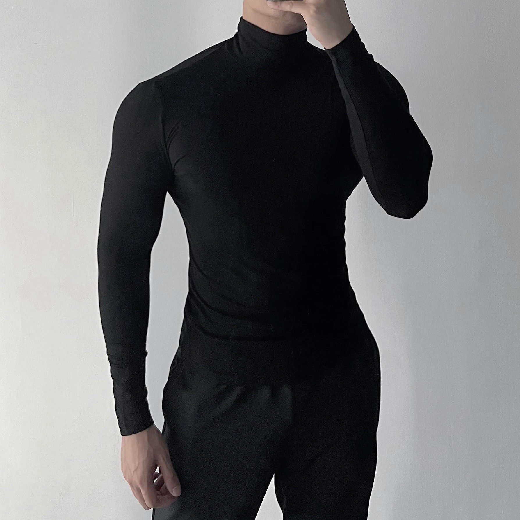 春秋男士上衣紧身半高领打底衫弹力内搭纯色健身运动修身长袖t恤