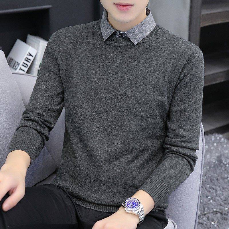 假两件套毛衣男秋冬季加厚潮流修身休闲新款男士羊毛针织衫衬衫领