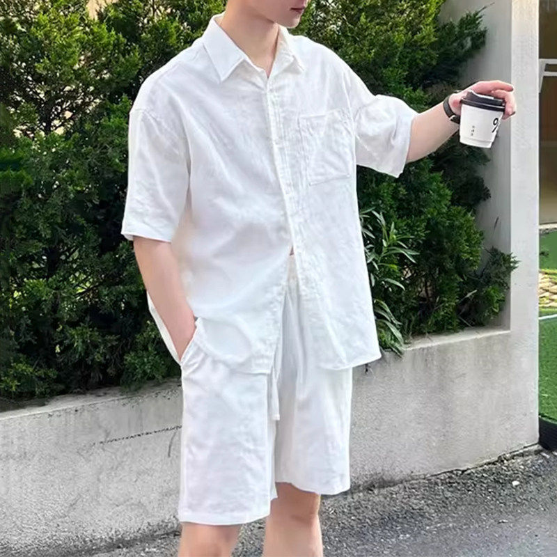 Upscale潮人 老钱风白色亚麻防晒短袖衬衫套装男士夏日穿搭棉麻上