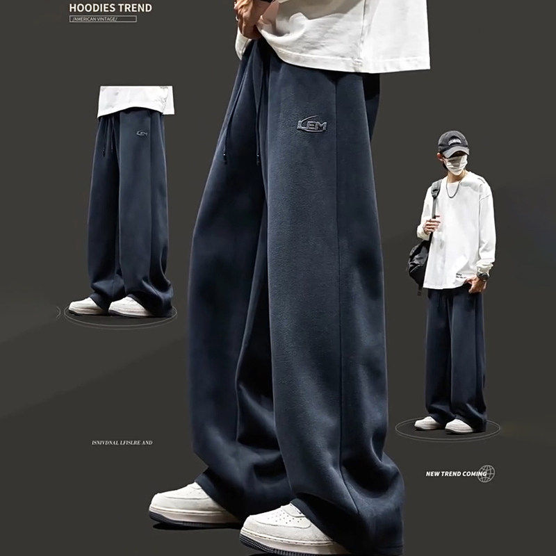 美式复古卫裤男士秋冬季加绒加厚休闲运动裤子宽松直筒阔腿弯刀裤