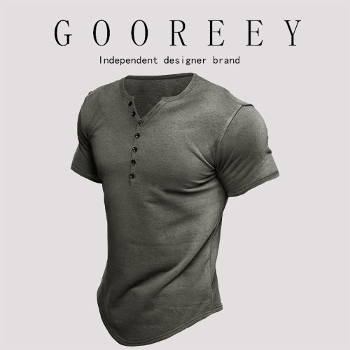 GooReey漫威毒液夏美式亨利衫短袖男纯色纽扣T恤修身简约休闲上衣