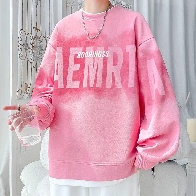 Aymelon美式复古粉色卫衣男春秋冬季宽松加绒加厚圆领打底衫上衣