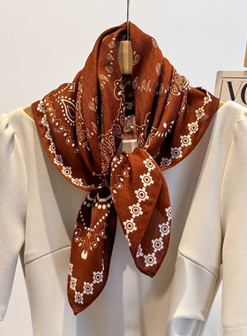 橙色腰果花棉麻发带丝巾70小方巾女薄款围巾领巾仿丝毛头巾