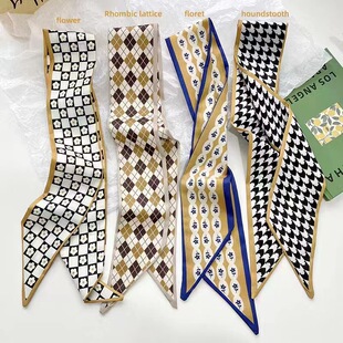 细窄长条小丝巾女韩版百搭几何方块绑发绑包装饰飘带丝带韩版发带