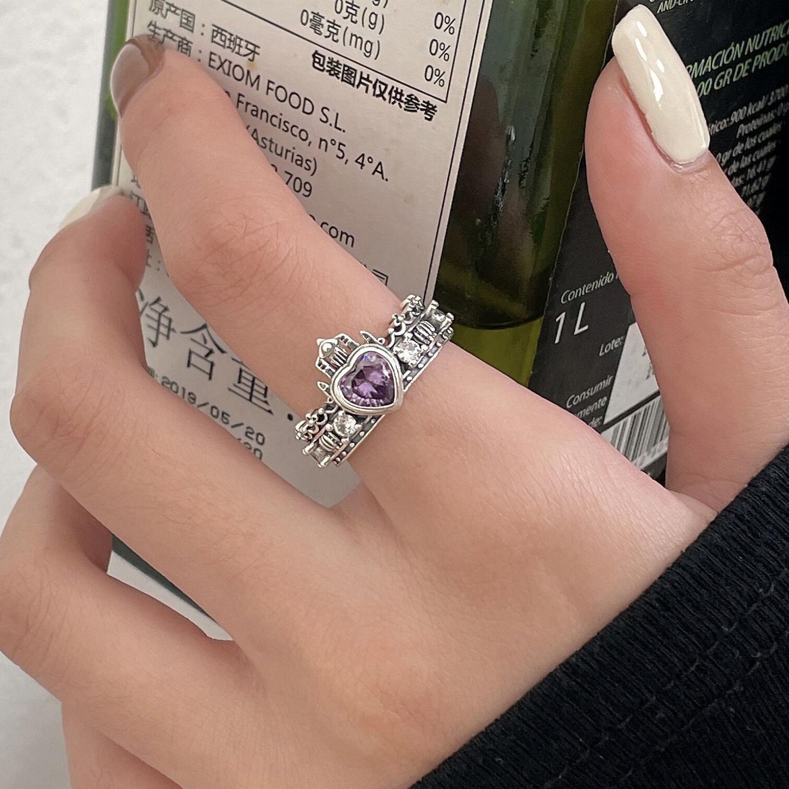 ins复古泰银佛手皇冠爱心锆石戒指女开口轻奢小众设计高级冷淡风