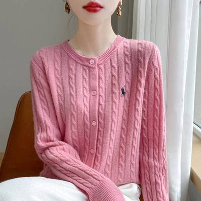 2024秋冬新款刺绣针织开衫女圆领宽松麻花毛衣外套设计感上衣外搭