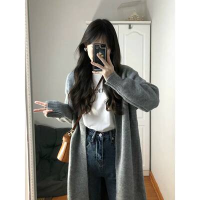 高级感！宽松显瘦慵懒风外搭开衫女软糯过膝中长款毛衣外套春秋季