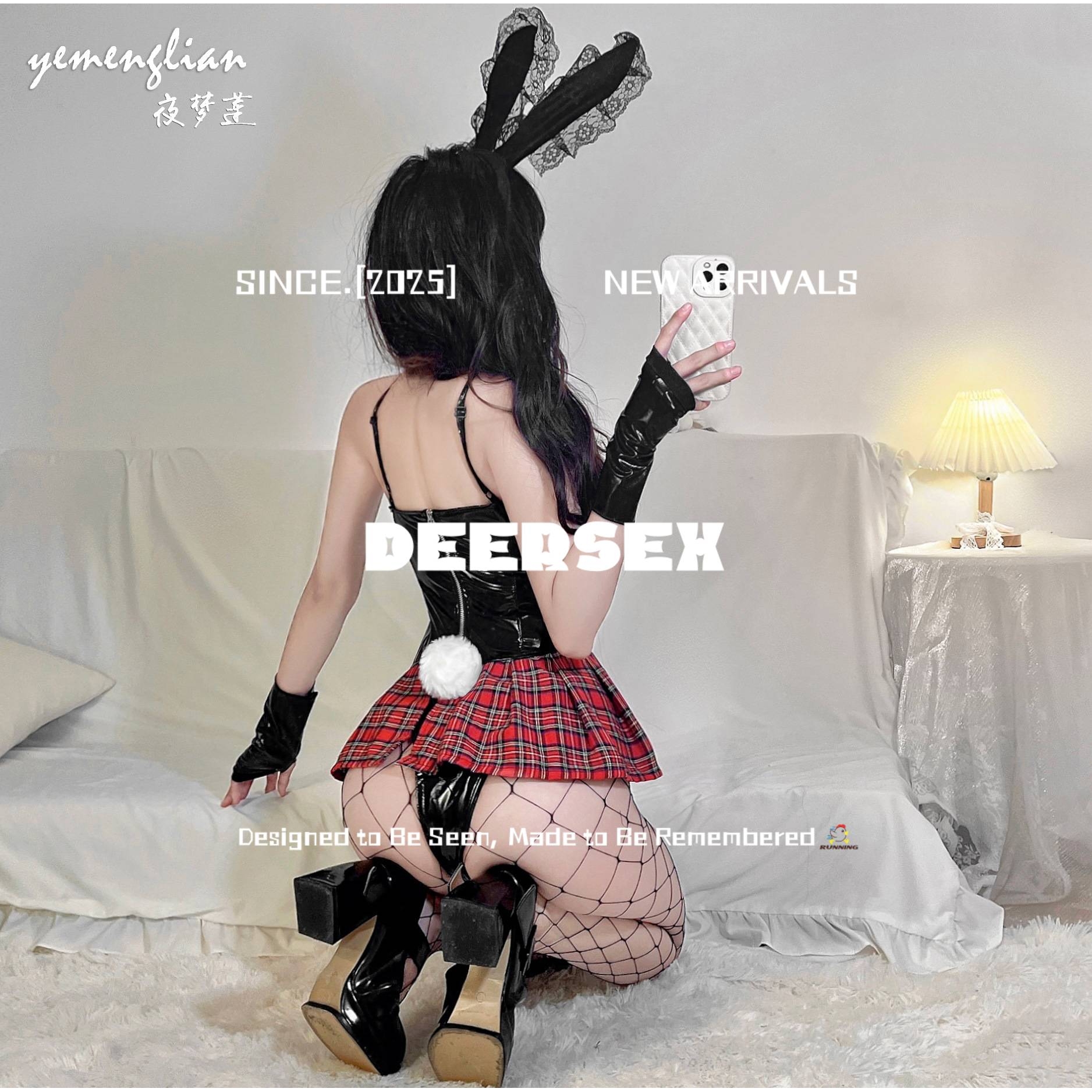 【鹿角秘密】DEERSE-X内衣吊带漆皮红格子裙制服兔女郎绑带学生制