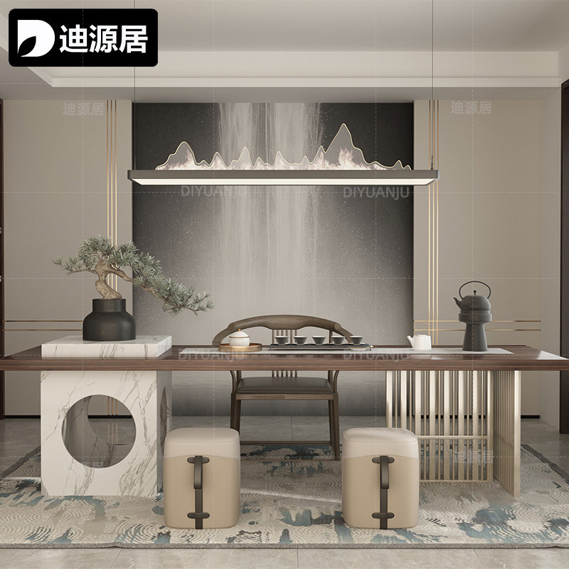 新中式现代实木茶桌椅组合简约轻奢金属茶楼会所泡茶台定制家具