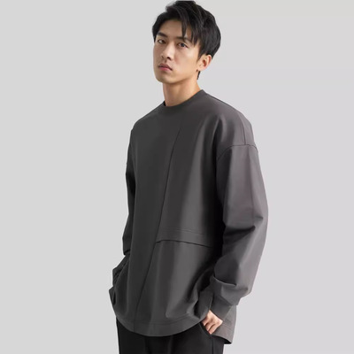 重磅360G日式廓形复古潮牌棉质双纱混纺结构式褶饰圆领长袖卫衣男