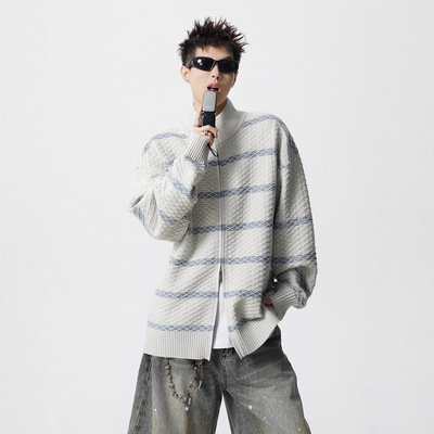 美式格纹费尔岛针织条纹开衫男女款潮牌秋季百搭休闲立领毛衣外套