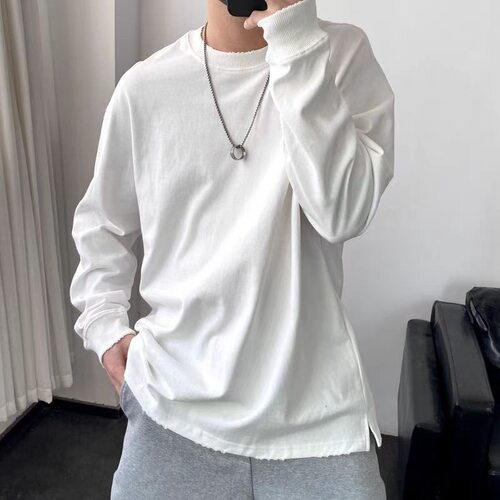 破化感T恤打底衫男春秋款400克重磅纯棉长袖上衣宽松落肩港风卫衣