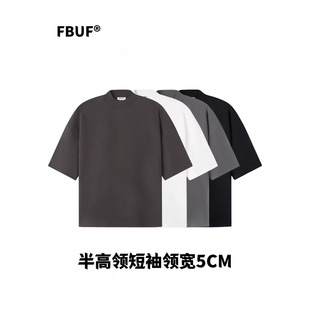 310g半高领廓形T恤短袖男重磅宽松落肩极简纯色精棉内搭oversize