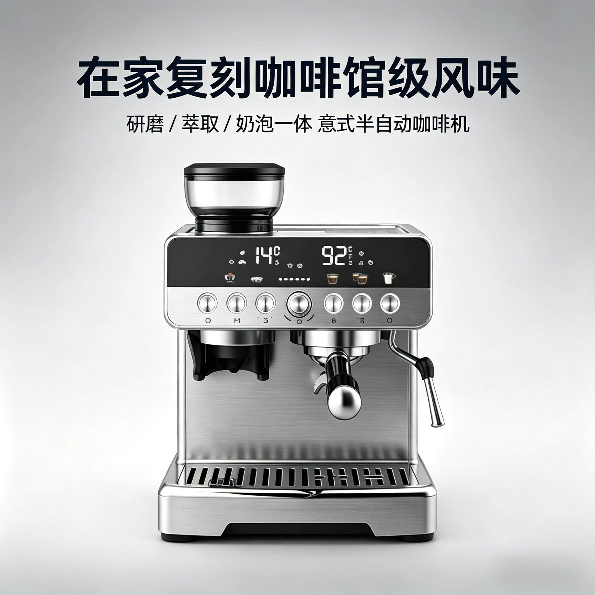 补贴15%】意式咖啡机不锈钢家用萃取奶泡研磨一体机半自动办公室