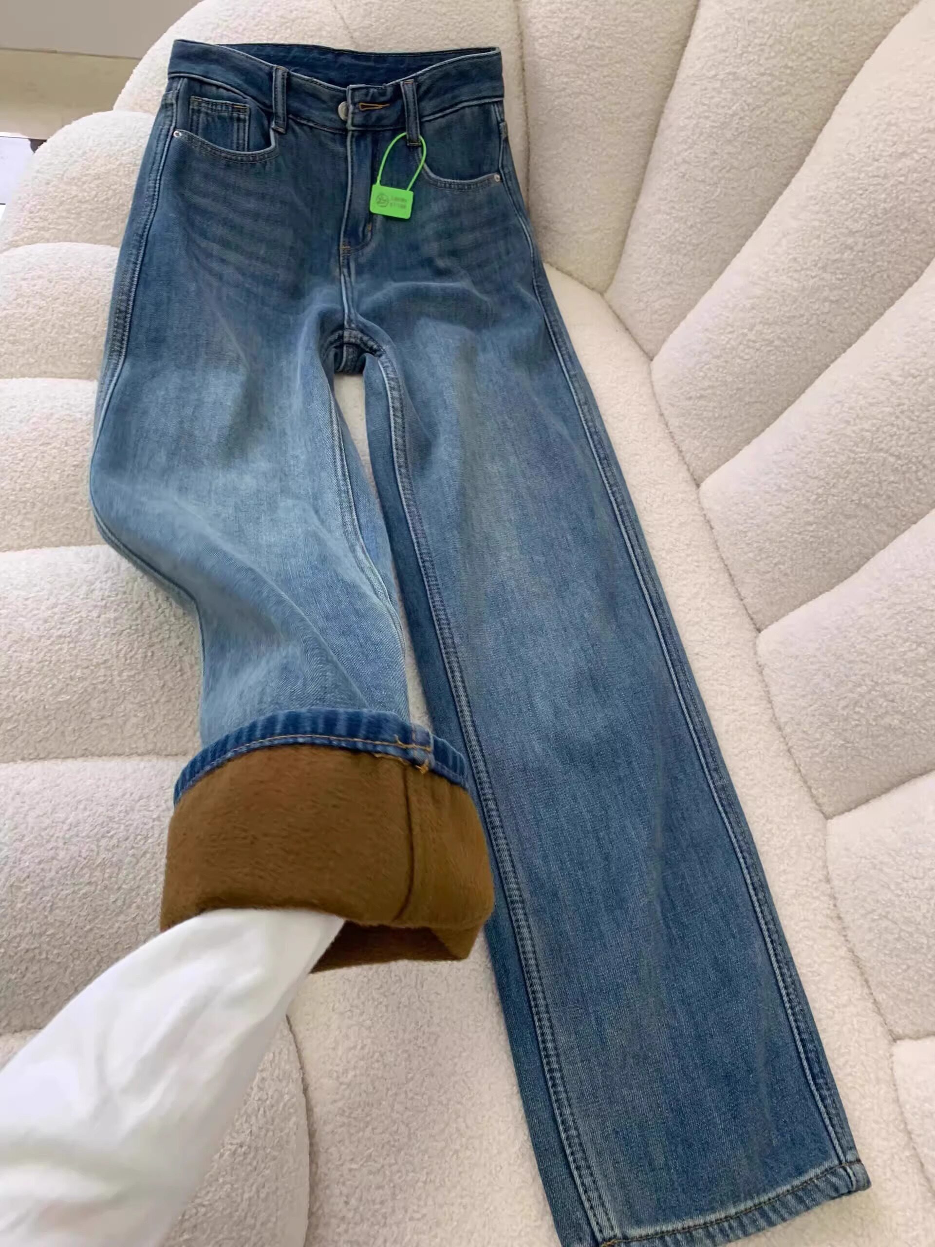 Retro Blue Fleece Lined Straight Leg Jeans for Women, Autumn and Winter, Pear-shaped Body, Spring and Autumn Loose High Waist Slim Narrow Wide-leg Pants