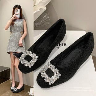 2026年新款秋冬加绒保暖毛毛鞋女平底单鞋方头水钻方扣毛呢棉瓢鞋