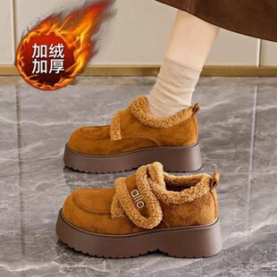 加绒松糕厚底乐福鞋女冬季孕妇一脚蹬保暖勃肯鞋休闲毛毛鞋豆豆鞋