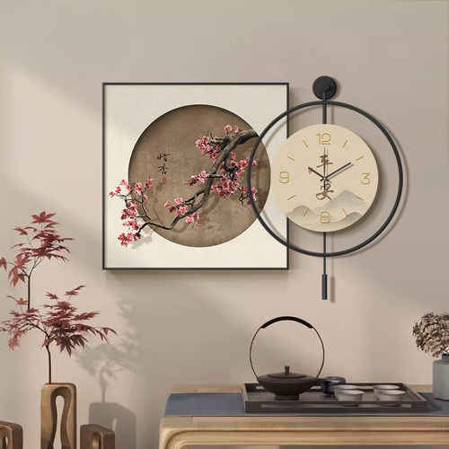 新中式梅花饭厅装饰画钟表餐桌挂钟背景墙面挂画客厅现代大气壁画