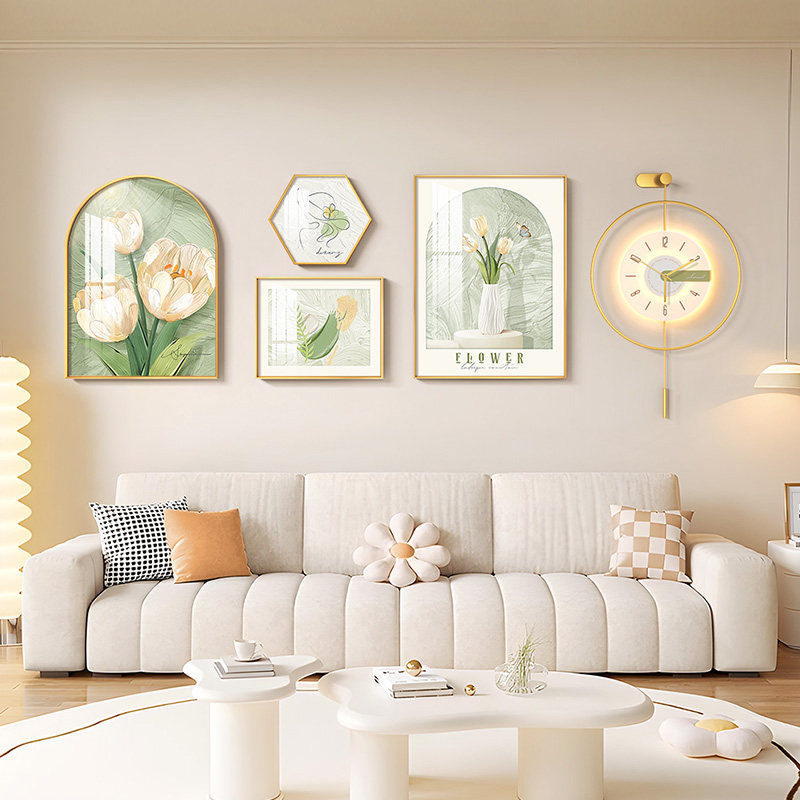 奶油风客厅装饰画现代简约墙面挂画饭厅壁画沙发背景墙挂画挂钟组