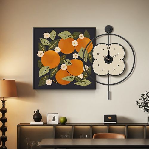 新中式柿子餐厅时钟挂画客厅现代大气挂钟装饰画饭厅背景墙钟表画