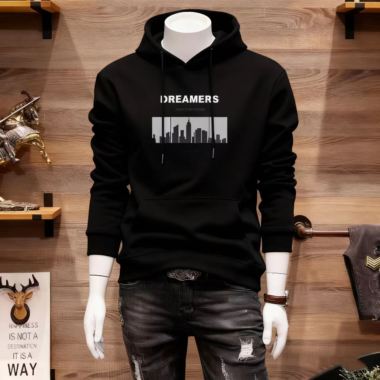 连帽印花加绒休闲长袖宽松卫衣男