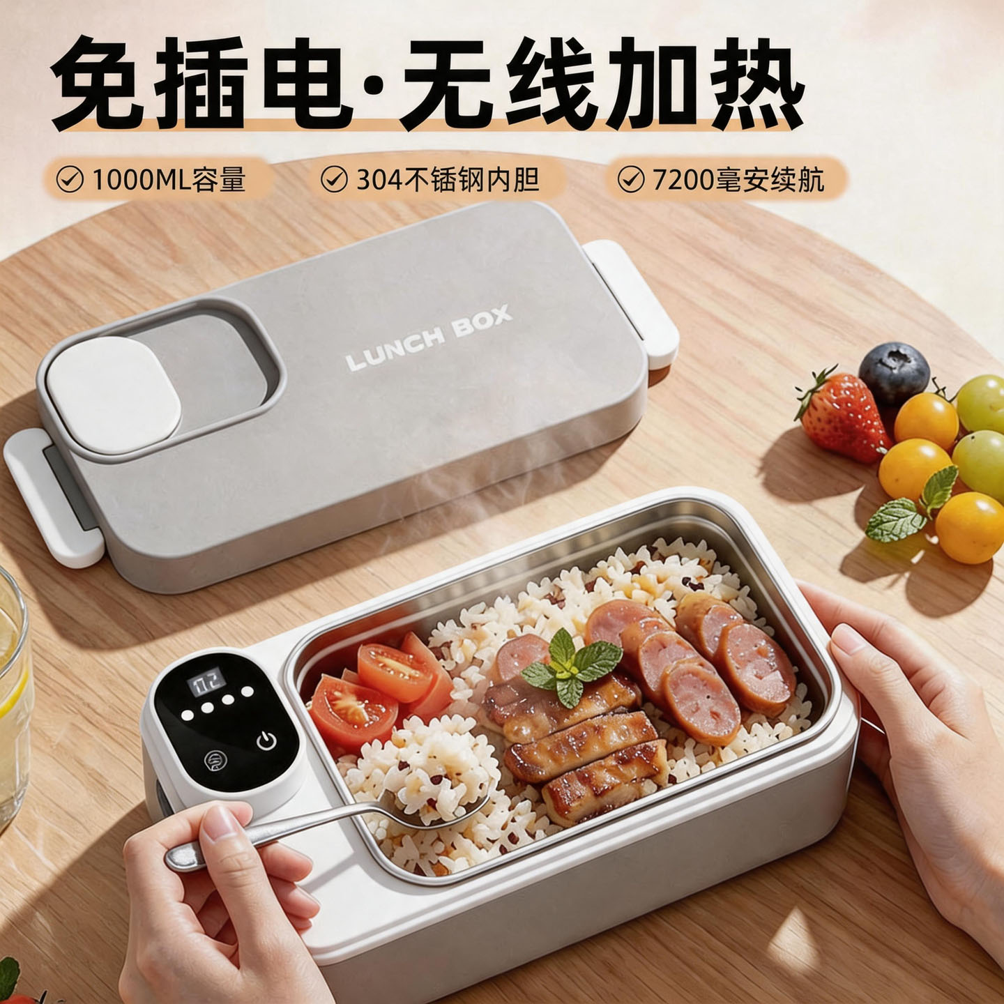 日本无线加热饭盒免插电USB充电式学生上班族专用便当盒