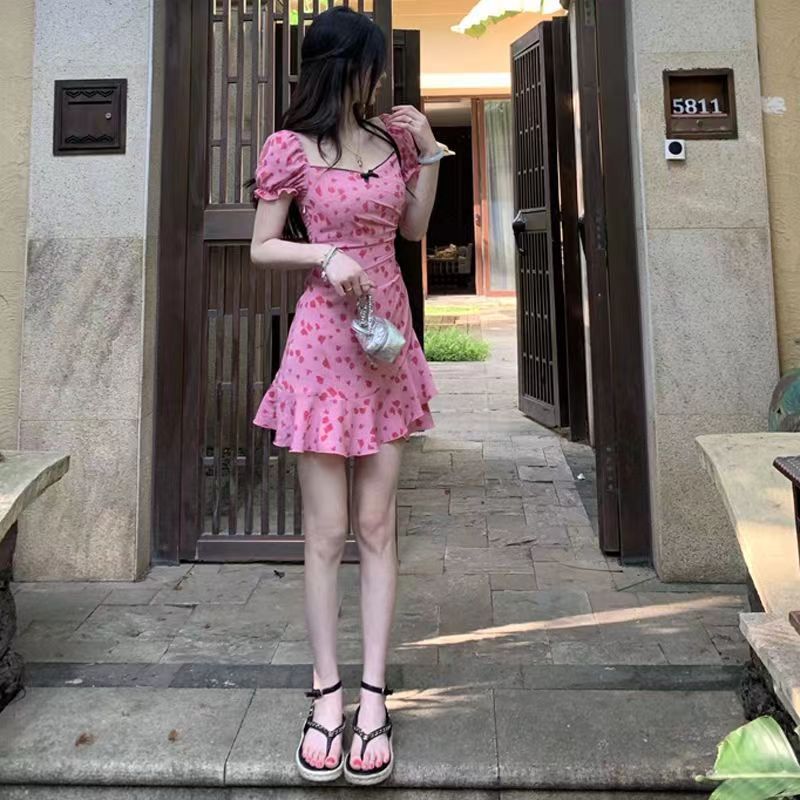 仙女裙短裙子学生辣妹碎花甜欲风连衣裙