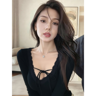 秋冬收腰修身黑色v领系带长袖打底衫女内搭设计感甜辣妹上衣小众