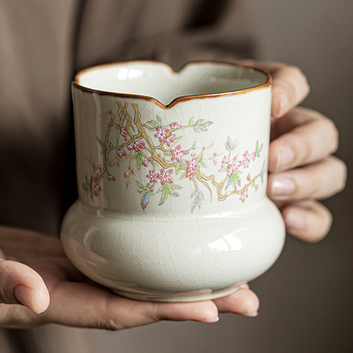 米黄汝窑粉桃迎春茶渣缸陶瓷建水盂茶杯洗笔洗功夫茶具茶道零配件