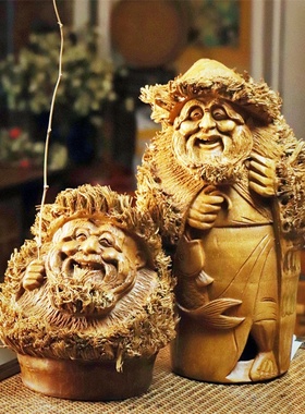 家居摆件手工工艺品竹根雕渔翁钓鱼老头整个竹子雕刻摆件文玩精品