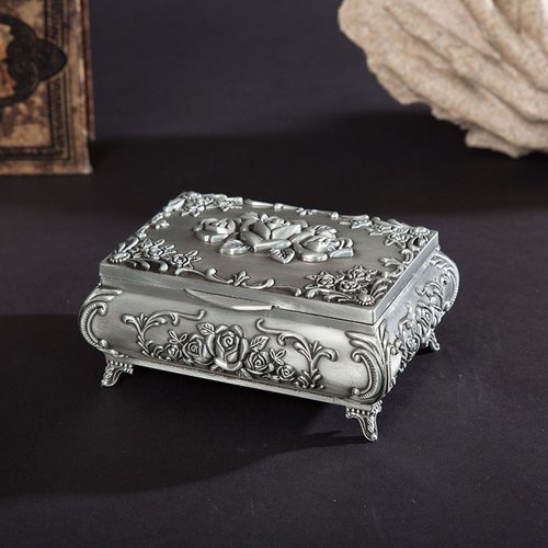 复古锌合金珠宝盒 金属立体玫瑰首饰盒化妆盒饰品戒指耳环盒中号