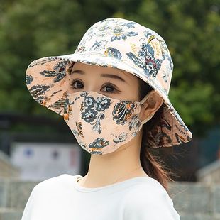 新款 夏季 口罩一体防晒帽遮阳大沿干活紫外线采茶太阳渔夫帽女妈妈
