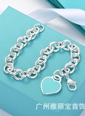 T家珐琅蓝粉红爱心手链CNC钢印字母心型吊牌蛋型圈粗链条情侣手链