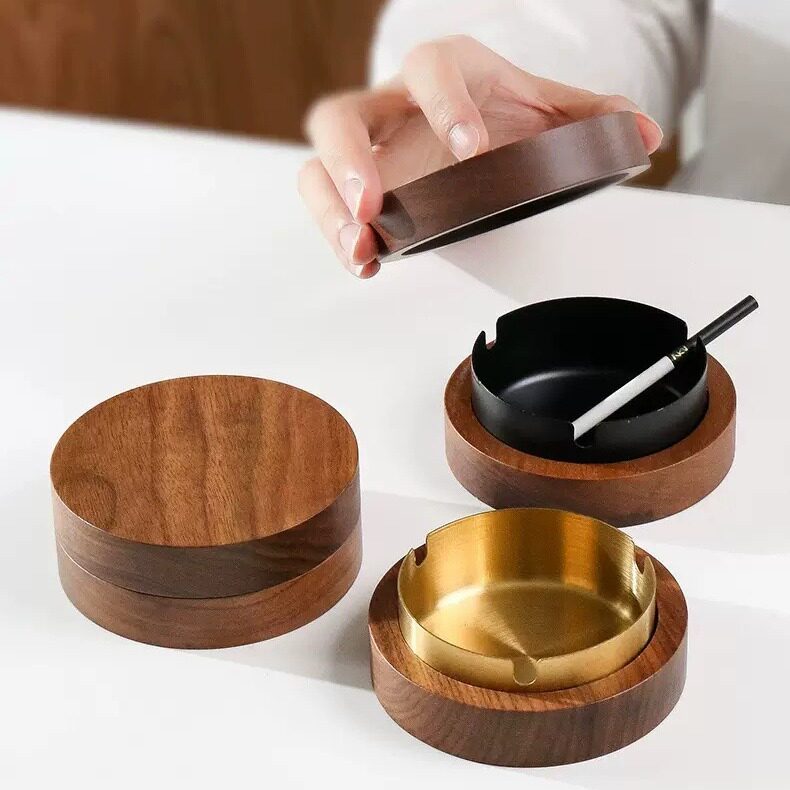 黑胡桃木烟灰缸创意个性有盖防飞灰家用办公室实木质烟灰缸