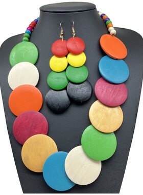 圆片项链耳环套装necklace波西米亚棉麻风木饰品欧美项饰