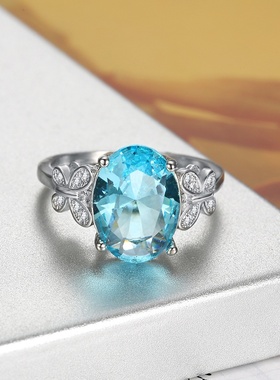 配饰品 日韩气质时尚蝴蝶结蛋形蓝色宝石戒指环
