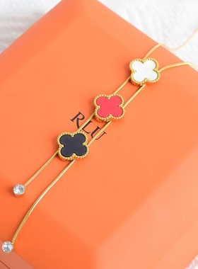 钛钢黑色三色四叶草流苏项链女时尚气质百搭轻奢颈链经典红色双面