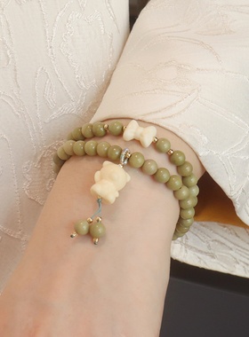 新中式天然阿拉善双圈手链小清新牛油果绿芭比檀木手串菩提小熊