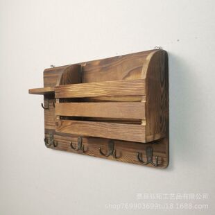 置物架复古隔板家居带挂钩储物架杂物墙面展示架子 简约木质壁挂式