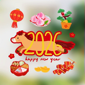 super&jane马年春节插画透明玻璃静电贴窗花窗贴福字门贴新年装 饰