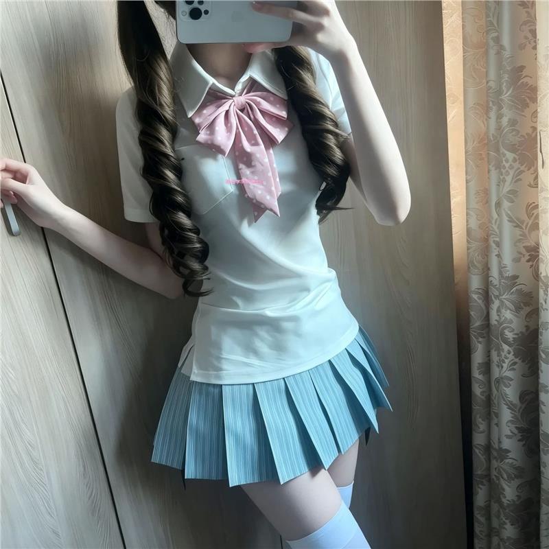 原创制服JK日系白色夏季POLO短袖学院上衣松蓝格裙软妹校供套装女