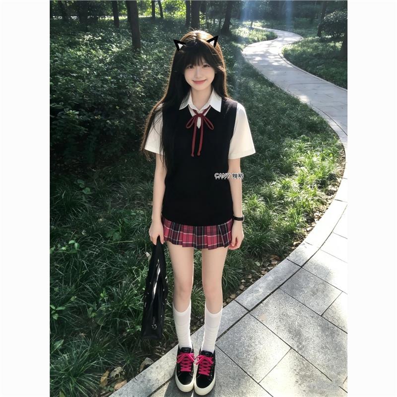 校供感制服学院套头针织背心马甲叠穿基础衬衫小玫jk甜美格裙套装
