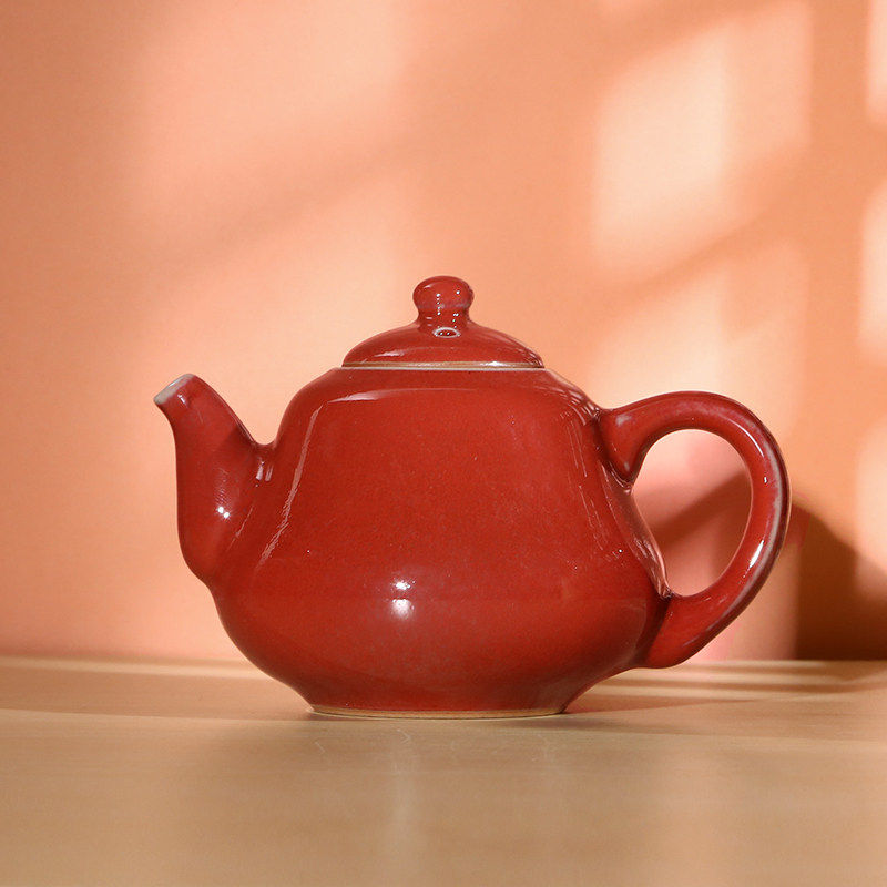 善窑厂李善明善款高温汝瓷外霁红内月白釉梨形壶 300ml手工大容量